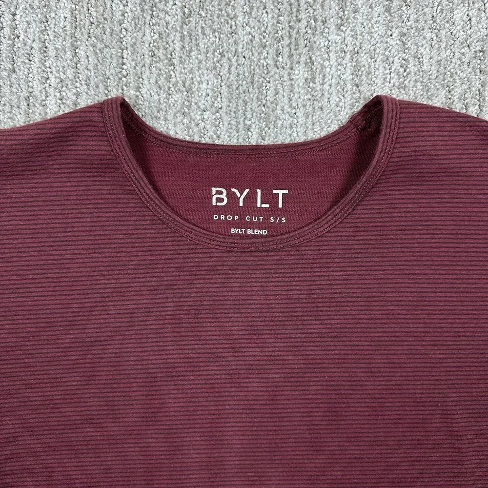 BYLT drop cut short sleeve lux crewneck Striped maroon shirt men's L performance